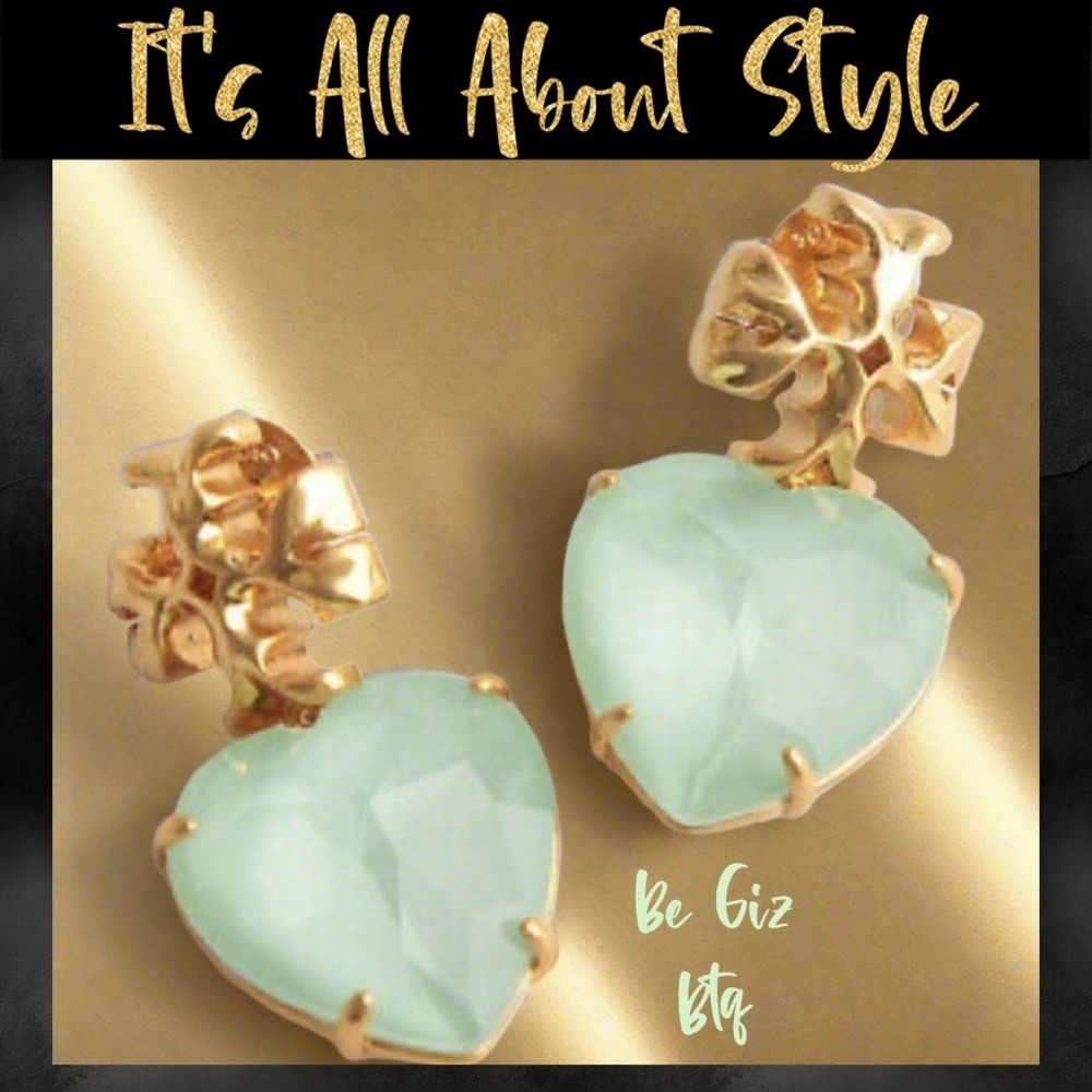 Tory Burch Authentic Roxanne Gold Tone & Crystal Heart Earrings Softmint Green